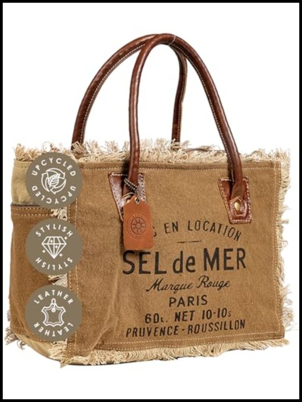 Canvas Tote Bag with Leather Strap, French Inspired Fabric Handbag